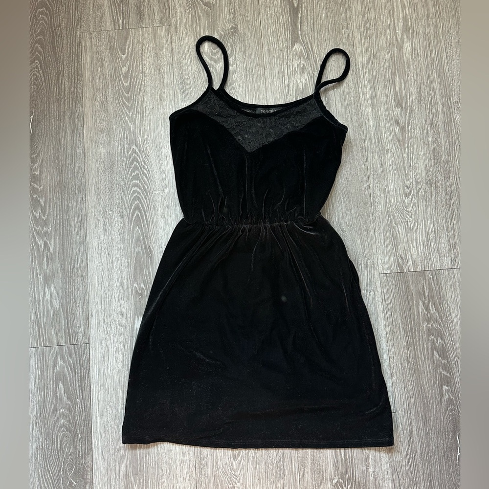Solemio Black Velvet Lace Detail Dress Size S